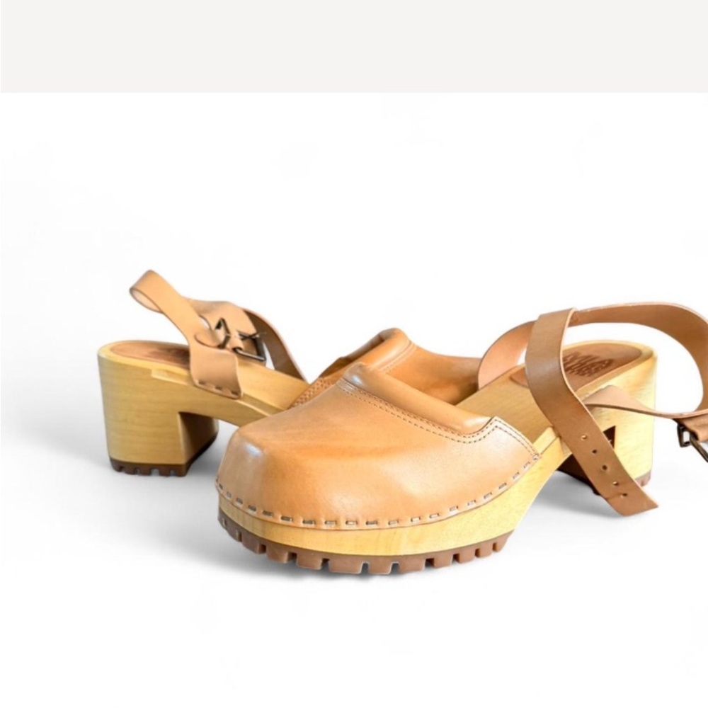 Leather Platform Clog Sandals in Tan - Picture 2 of 2